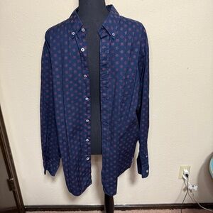 Men's Navy and Red Snowflake Patterned Long Sleeve Button Down Shirt 2XB